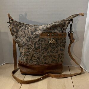 Myra Bag S-1305 Crossbody Leaf Print Canvas Bag w/ Leather Trim & Gold Bike Pin